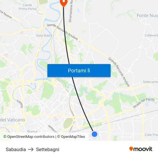 Sabaudia to Settebagni map