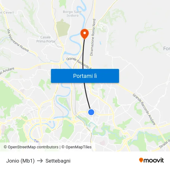 Jonio (Mb1) to Settebagni map