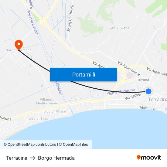 Terracina to Borgo Hermada map