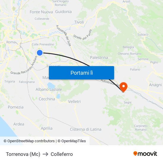 Torrenova (Mc) to Colleferro map