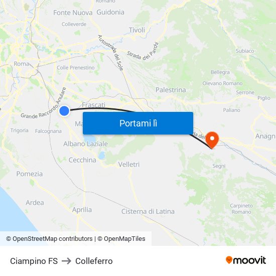 Ciampino FS to Colleferro map