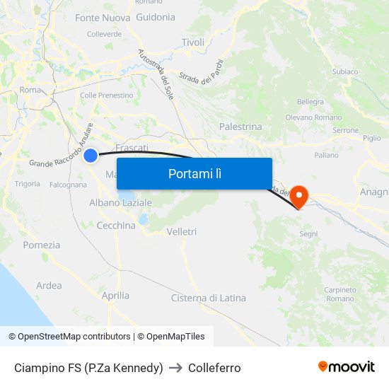 Ciampino FS (P.Za Kennedy) to Colleferro map