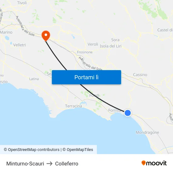 Minturno-Scauri to Colleferro map