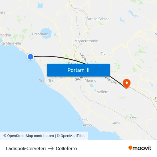 Ladispoli-Cerveteri to Colleferro map