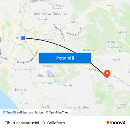 Tiburtina/Marrucini to Colleferro map
