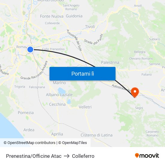Prenestina/Officine Atac to Colleferro map