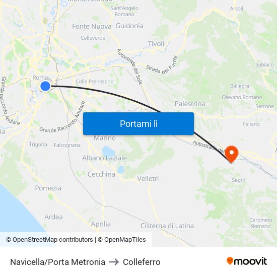 Navicella/Porta Metronia to Colleferro map