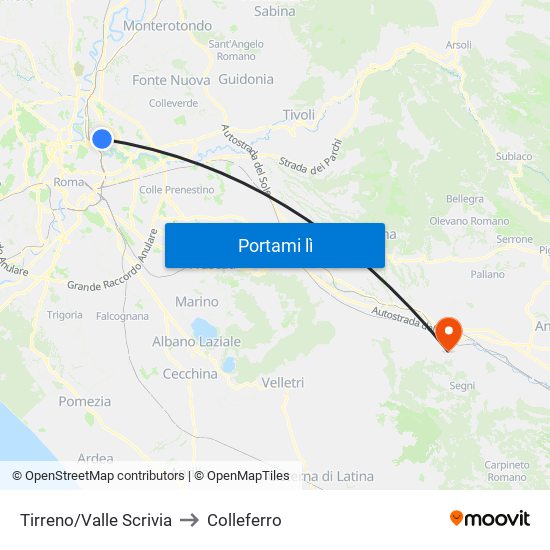 Tirreno/Valle Scrivia to Colleferro map