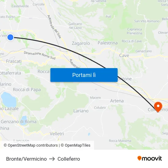 Bronte/Vermicino to Colleferro map