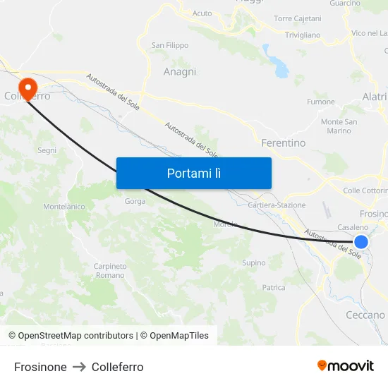 Frosinone to Colleferro map