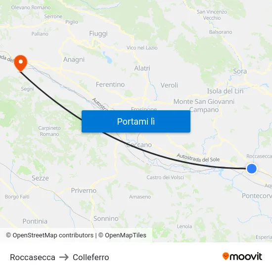 Roccasecca to Colleferro map