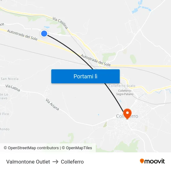 Valmontone Outlet to Colleferro map