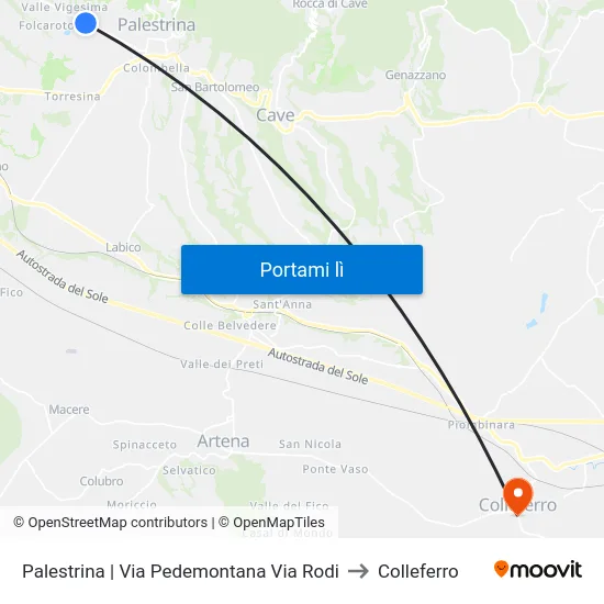 Palestrina | Via Pedemontana Via Rodi to Colleferro map