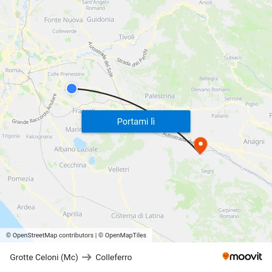 Grotte Celoni (Mc) to Colleferro map