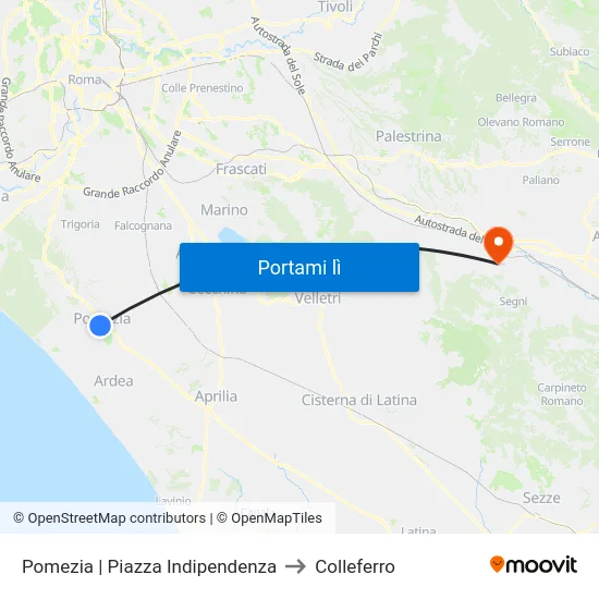 Pomezia | Piazza Indipendenza to Colleferro map