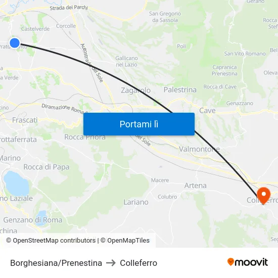 Borghesiana/Prenestina to Colleferro map