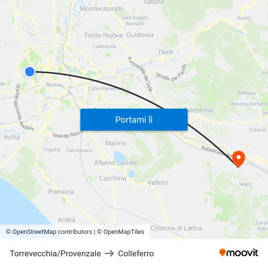 Torrevecchia/Provenzale to Colleferro map