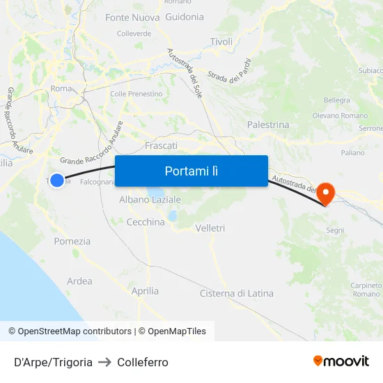 D'Arpe/Trigoria to Colleferro map