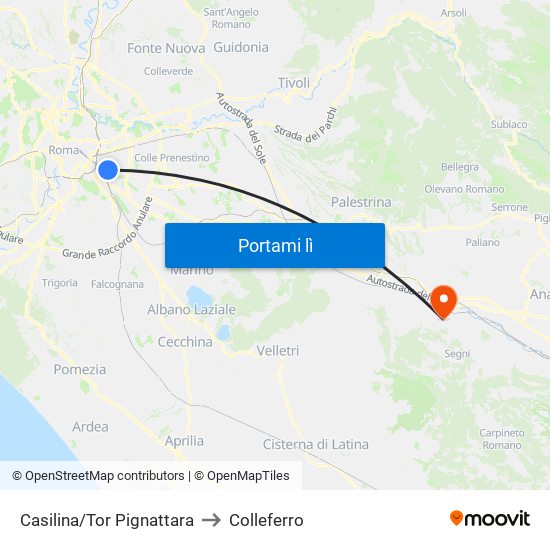 Casilina/Tor Pignattara to Colleferro map