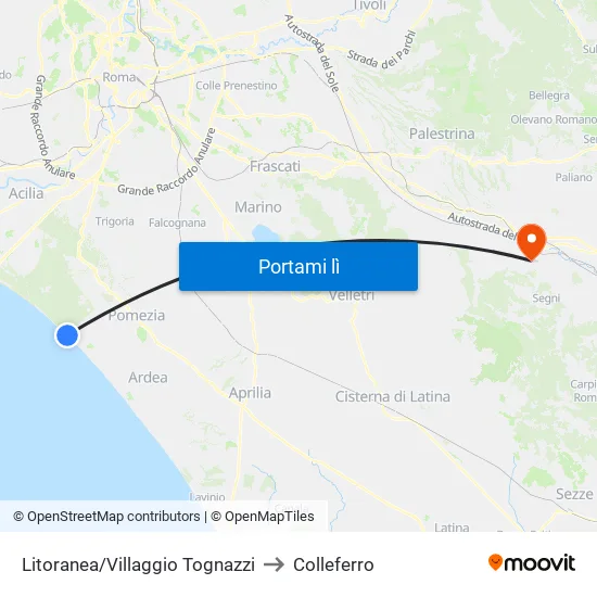 Litoranea/Villaggio Tognazzi to Colleferro map
