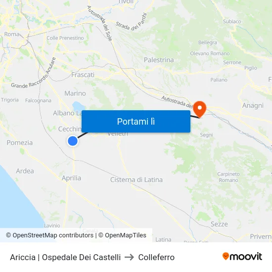 Ariccia | Ospedale Dei Castelli to Colleferro map
