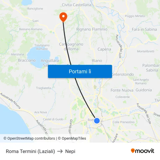 Roma Termini (Laziali) to Nepi map