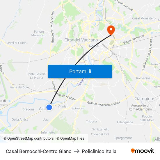 Casal Bernocchi-Centro Giano to Policlinico Italia map