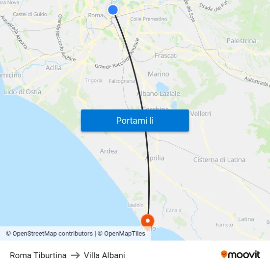 Roma Tiburtina to Villa Albani map