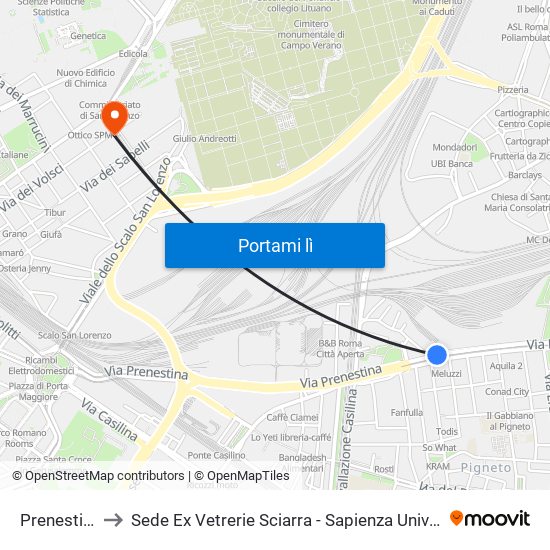 Prenestina/Giovenale to Sede Ex Vetrerie Sciarra - Sapienza Università Di Roma. Distaccamento Facoltà Di Lettere map