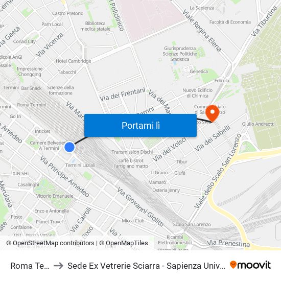 Roma Termini (Laziali) to Sede Ex Vetrerie Sciarra - Sapienza Università Di Roma. Distaccamento Facoltà Di Lettere map