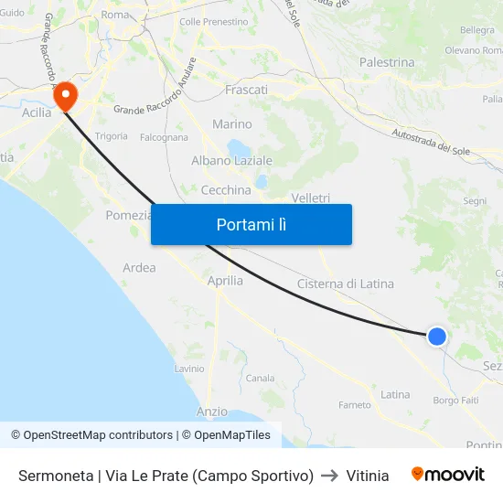 Sermoneta | Via Le Prate (Campo Sportivo) to Vitinia map