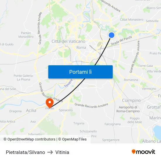 Pietralata/Silvano to Vitinia map