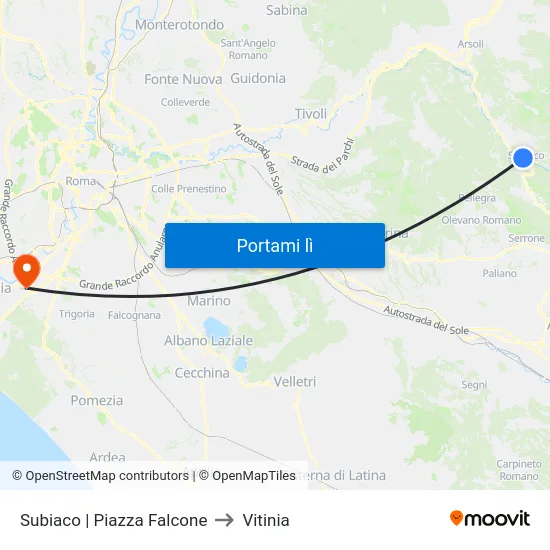 Subiaco | Piazza Falcone to Vitinia map
