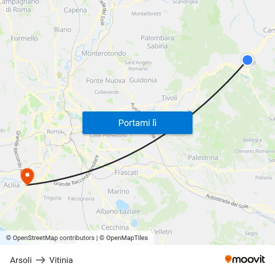 Arsoli to Vitinia map
