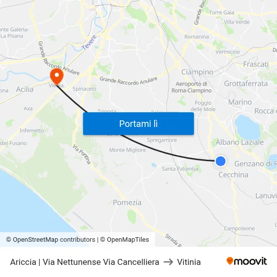 Ariccia | Via Nettunense Via Cancelliera to Vitinia map