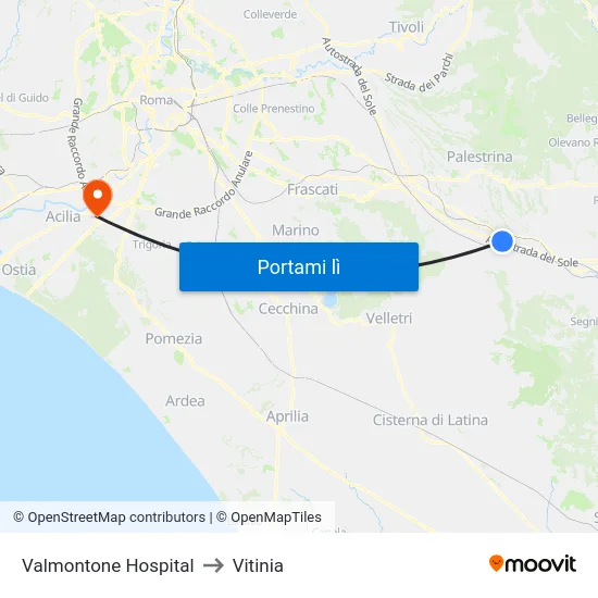 Valmontone Hospital to Vitinia map