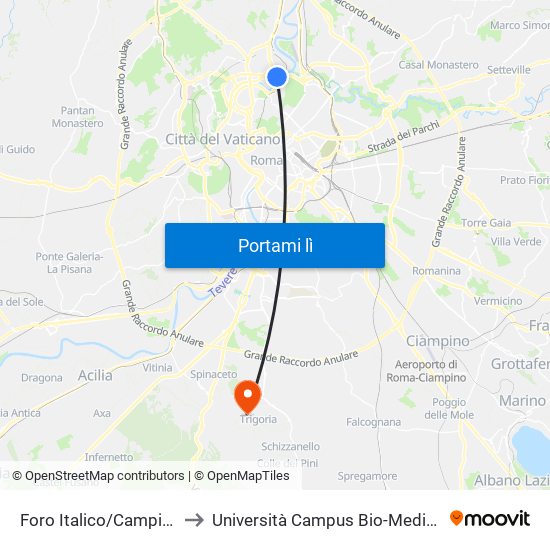 Foro Italico/Campi Sportivi to Università Campus Bio-Medico Di Roma map