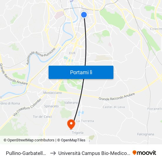 Pullino-Garbatella (Mb) to Università Campus Bio-Medico Di Roma map