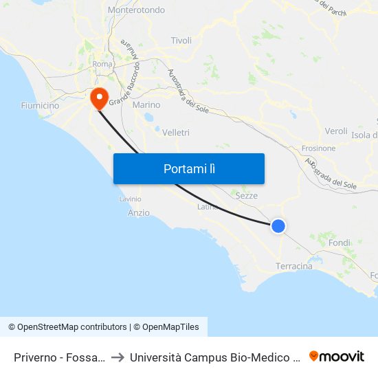 Priverno - Fossanova to Università Campus Bio-Medico Di Roma map