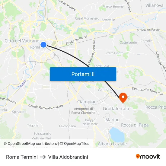 Roma Termini to Villa Aldobrandini map