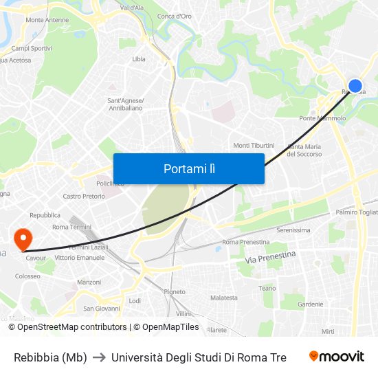 Rebibbia (Mb) to Università Degli Studi Di Roma Tre map