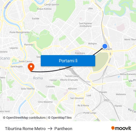 Tiburtina Rome Metro to Pantheon map