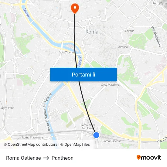 Roma Ostiense to Pantheon map