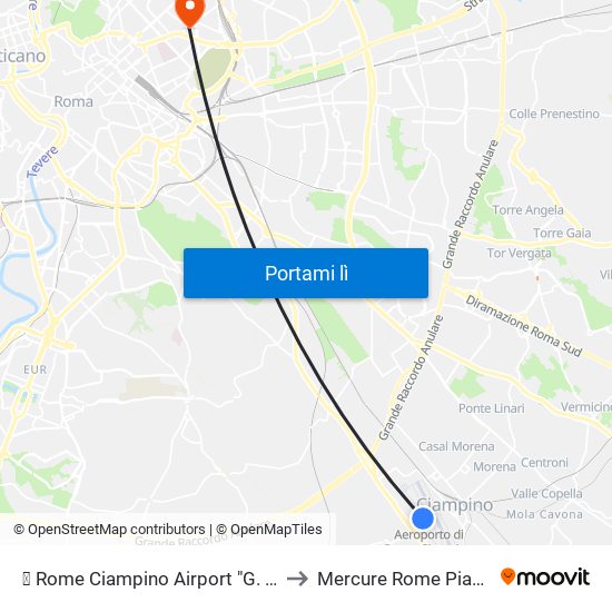 ✈ Rome Ciampino Airport "G. B. Pastine" (Cia) to Mercure Rome Piazza Bologna map