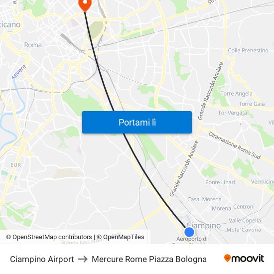 Ciampino Airport to Mercure Rome Piazza Bologna map