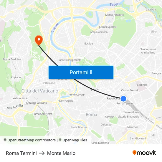 Roma Termini to Monte Mario map