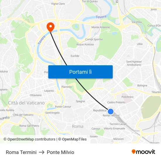 Roma Termini to Ponte Milvio map
