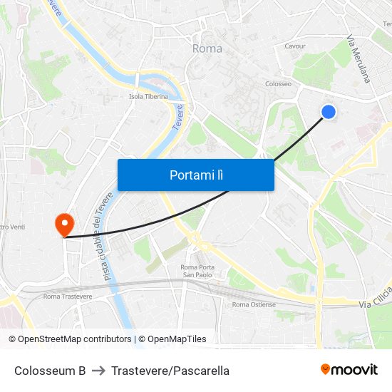 Colosseum B to Trastevere/Pascarella map
