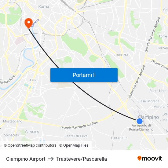 Ciampino Airport to Trastevere/Pascarella map