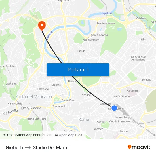 Gioberti to Stadio Dei Marmi map